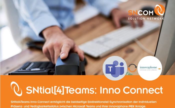 SNtial[4]Teams: Inno Connect. SNtial[4]Teams: Inno Connect ermöglicht die beidseitige (bidirektionale) Synchronisation der individuellen Präsenz- und Verfügbarkeitsstatus zwischen Microsoft Teams und ihrer innovaphone PBX-Anlage.