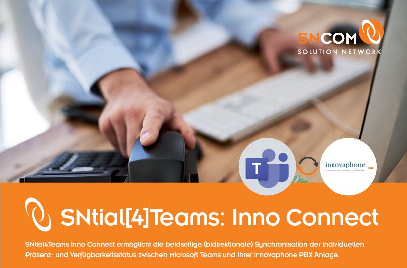 SNtial[4]Teams: Inno Connect. SNtial[4]Teams: Inno Connect ermöglicht die beidseitige (bidirektionale) Synchronisation der individuellen Präsenz- und Verfügbarkeitsstatus zwischen Microsoft Teams und ihrer innovaphone PBX-Anlage.